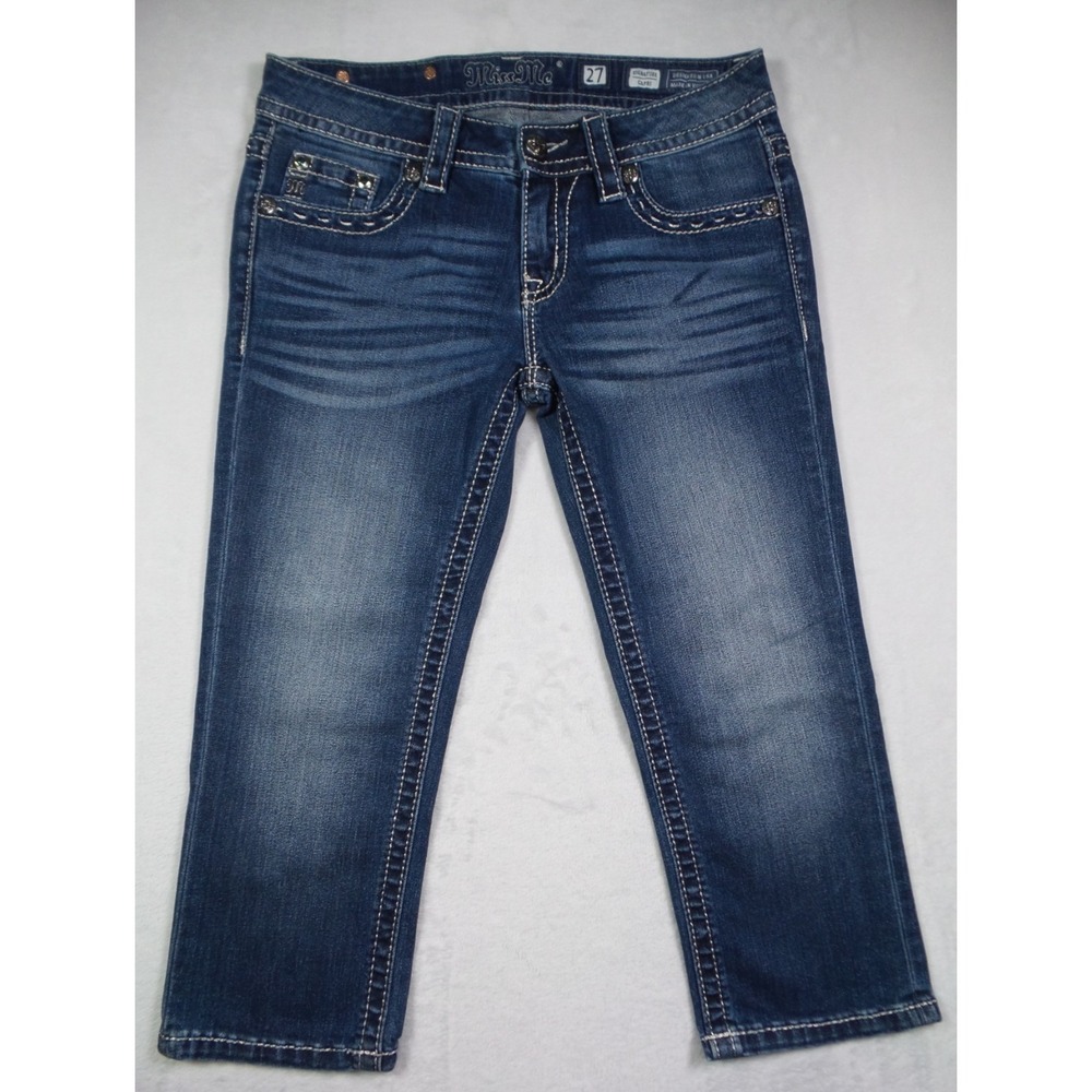 Missโ Me Jeans Womens Size 27 Blue Denim Signature Capri Embellished Wings Dark